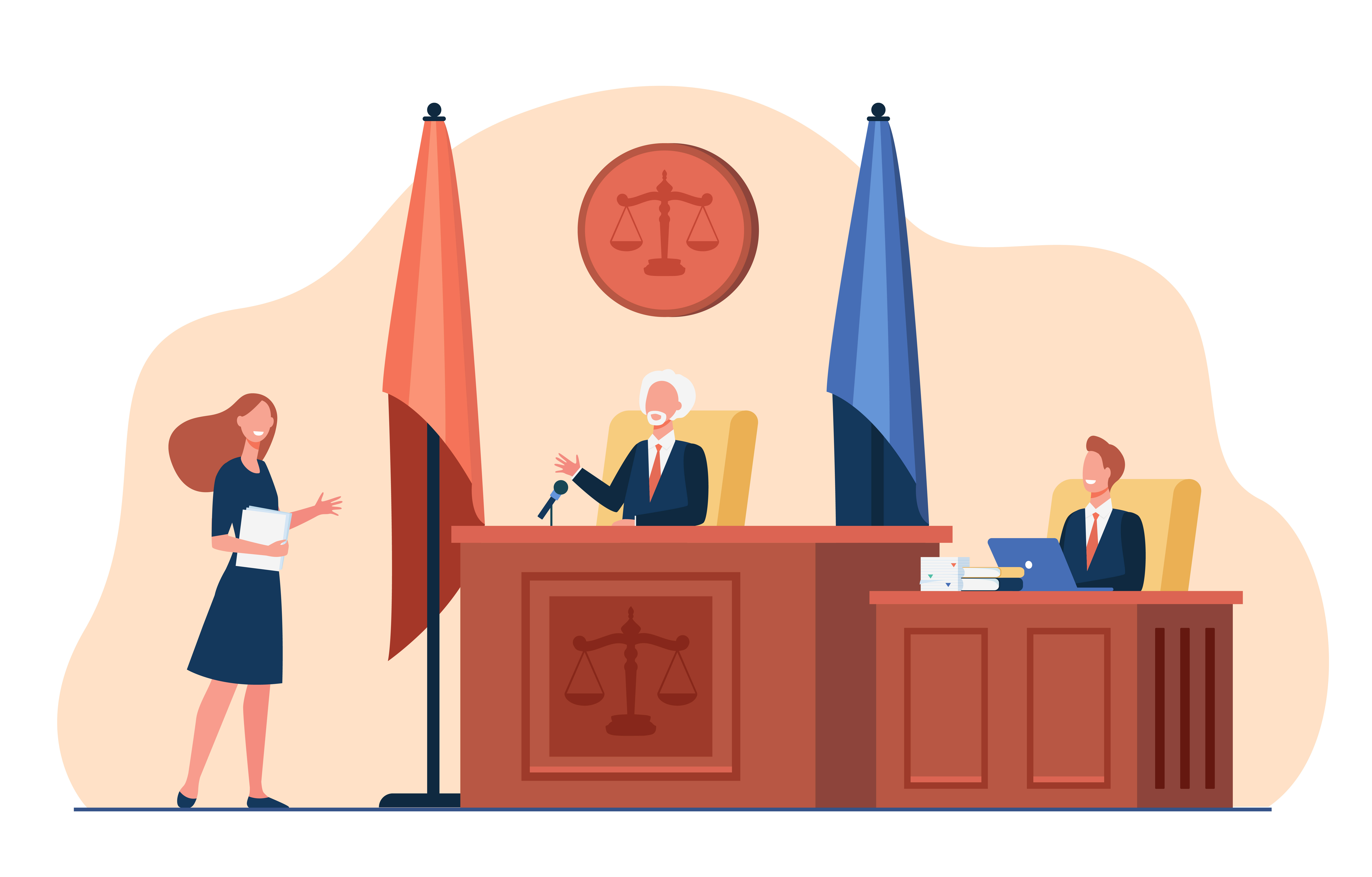 Female attorney standing in front of judge and talking isolated flat vector illustration. Cartoon courtroom or courthouse during trial. Justice and law concept