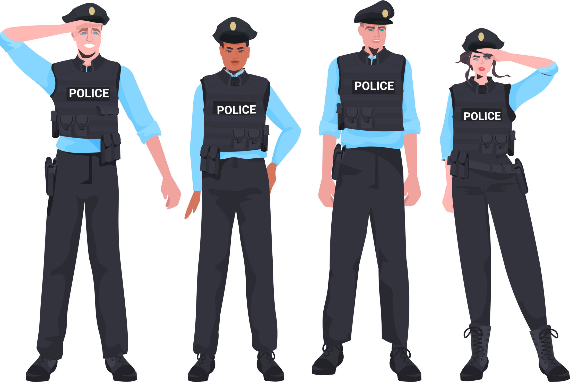 mix race policemen in tactical gear standing together riot police officers protesters and demonstration riots mass control concept horizontal full length vector illustration