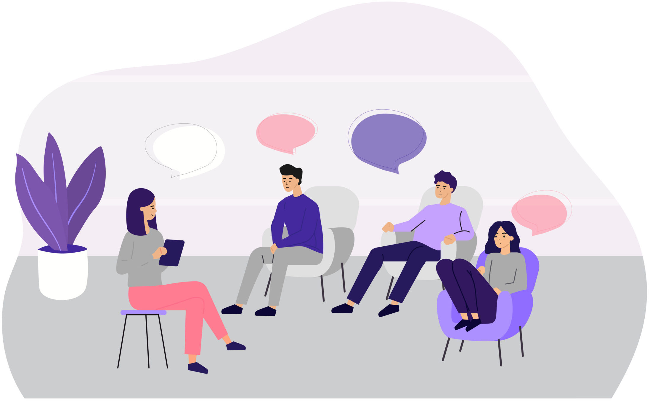 Doctor counseling people at group therapy flat vector illustration. Men and women in psychologist session talking about problems. Medical support and addiction and psychotherapy concept