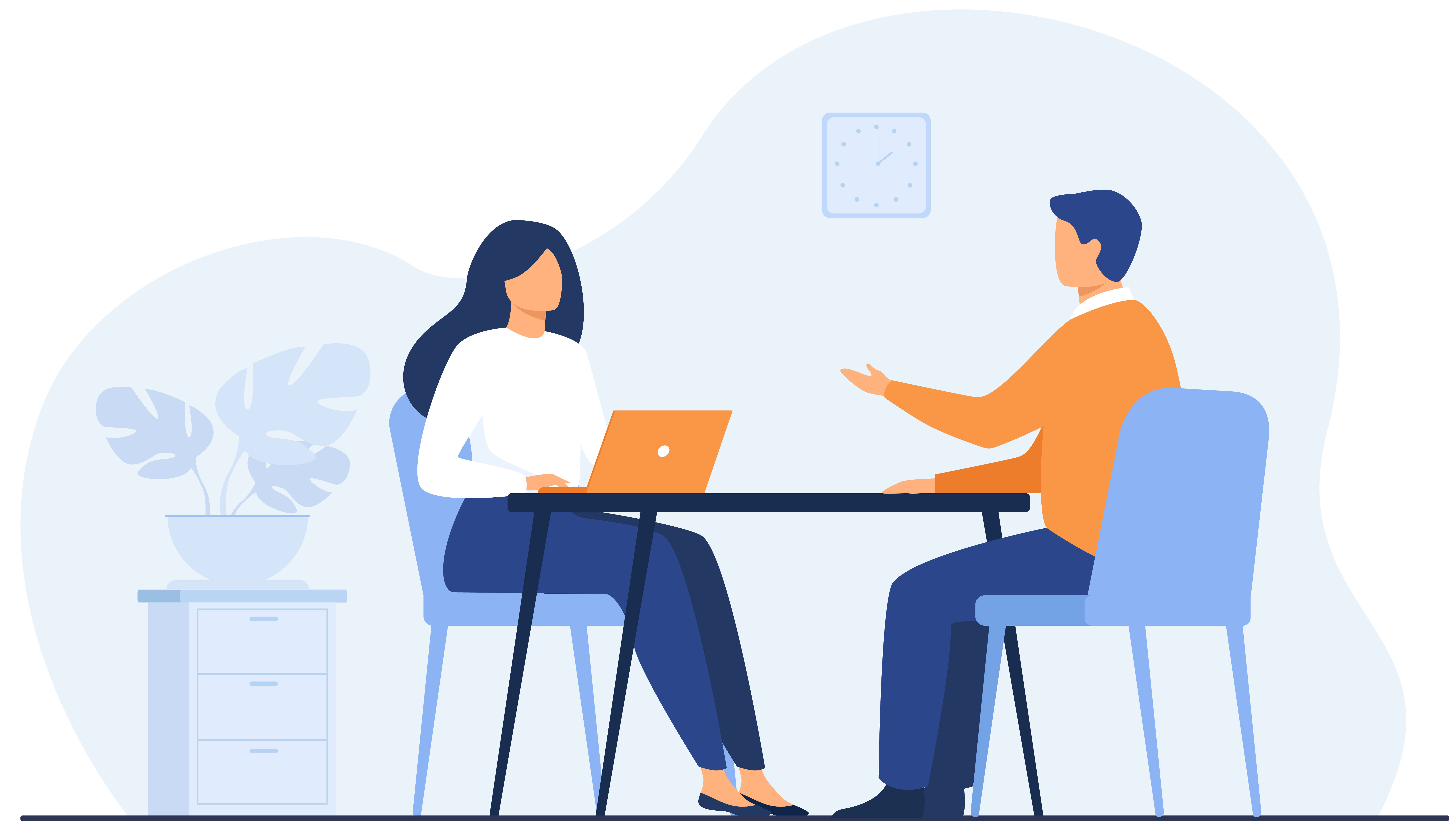 Job interview conversation Job interview conversation. HR manager and employee candidate meeting and talking. Man and woman sitting at table and discussing career. Business or human resource concept