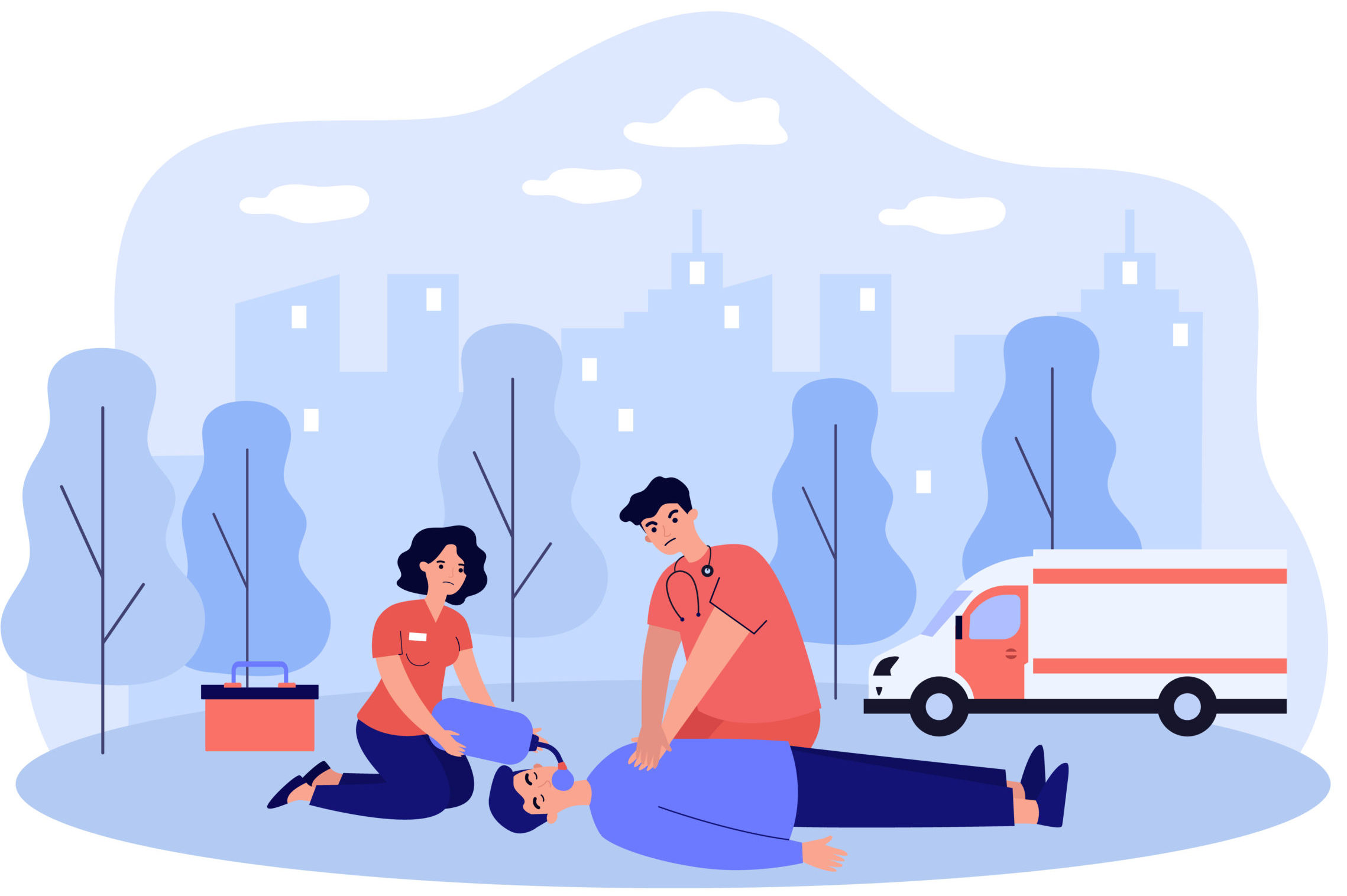 Paramedics resuscitating unconscious person. Doctor and assistant applying cardiopulmonary resuscitation to lying outside. Vector illustration for emergency, accident, first aid training concept